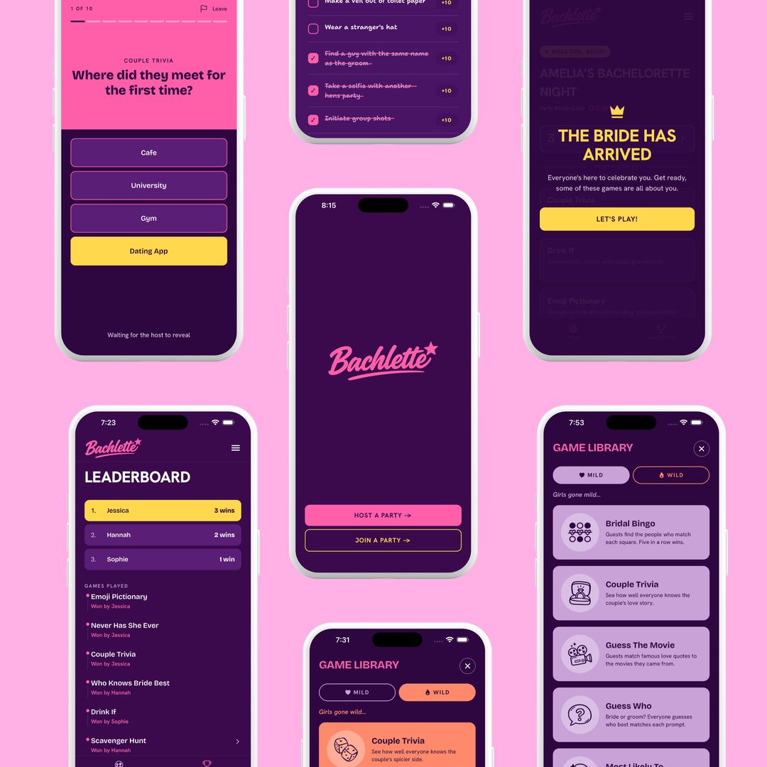 Screens from the Bachlette app, including couple trivia, a scavenger hunt, the leaderboard and the Mild and Wild game library